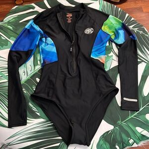 Axesea black, blue and lime, long sleeve swimsuit